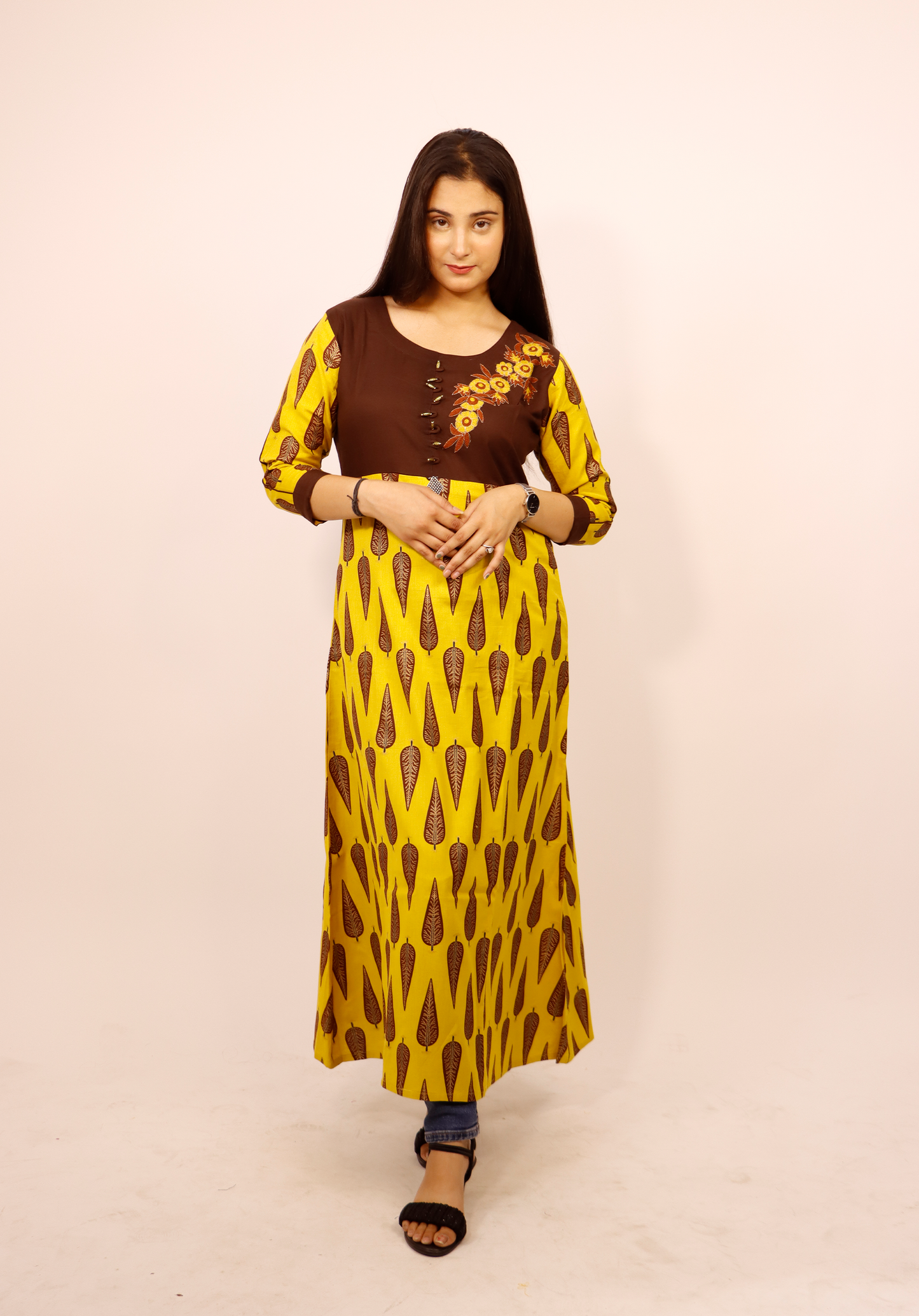 BEAUTIFUL SLUB COTTON KURTI WITH RAYON ATTACHMENT YOKE WITH EMBROIDERY & HANGING