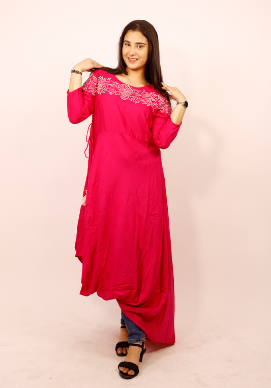 RAYON CAWL KURTI WITH COLD SHOULDER WITH ABLEND OF HAND EMBRIODERY