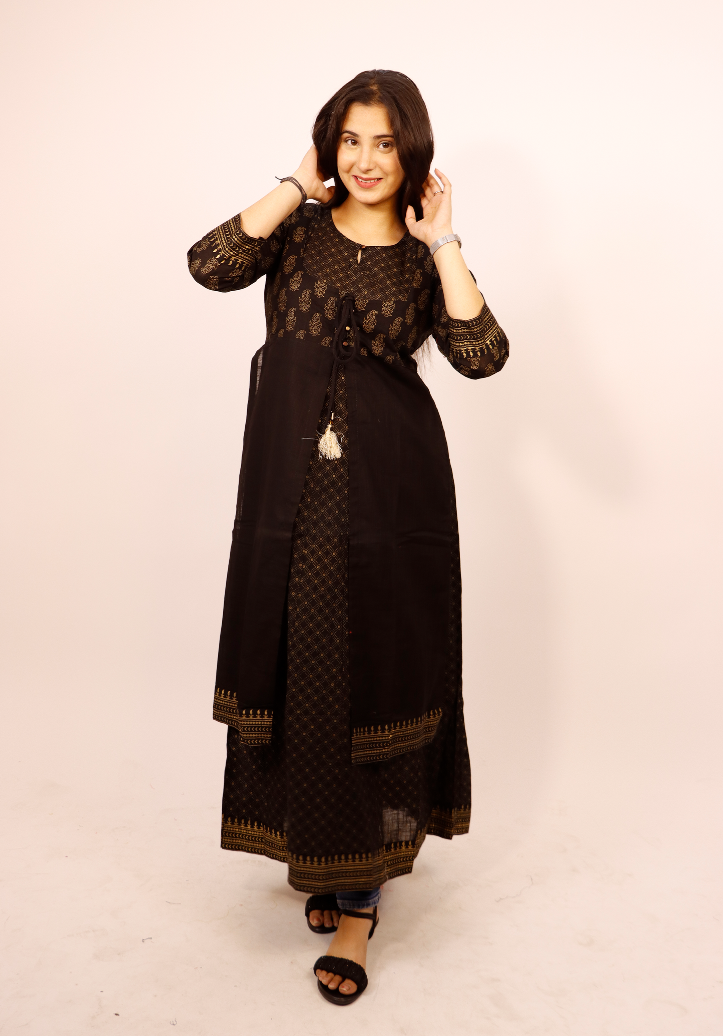 BLACK BEAUTIFUL ATTACHED DOUBLE LAYER PURE GOLD KURTI WITH DORI