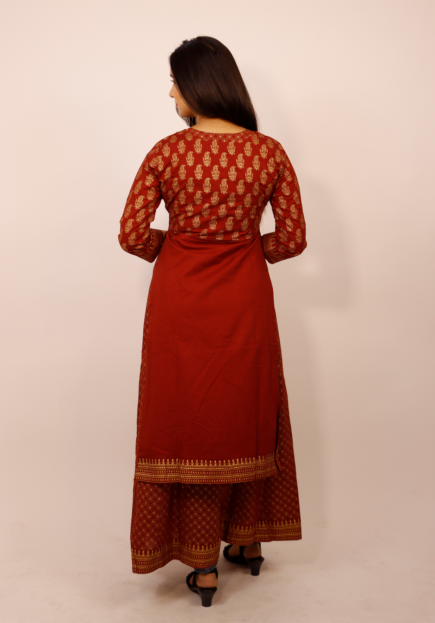 RUST BEAUTIFUL ATTACHED DOUBLE LAYER PURE GOLD KURTI WITH DORI