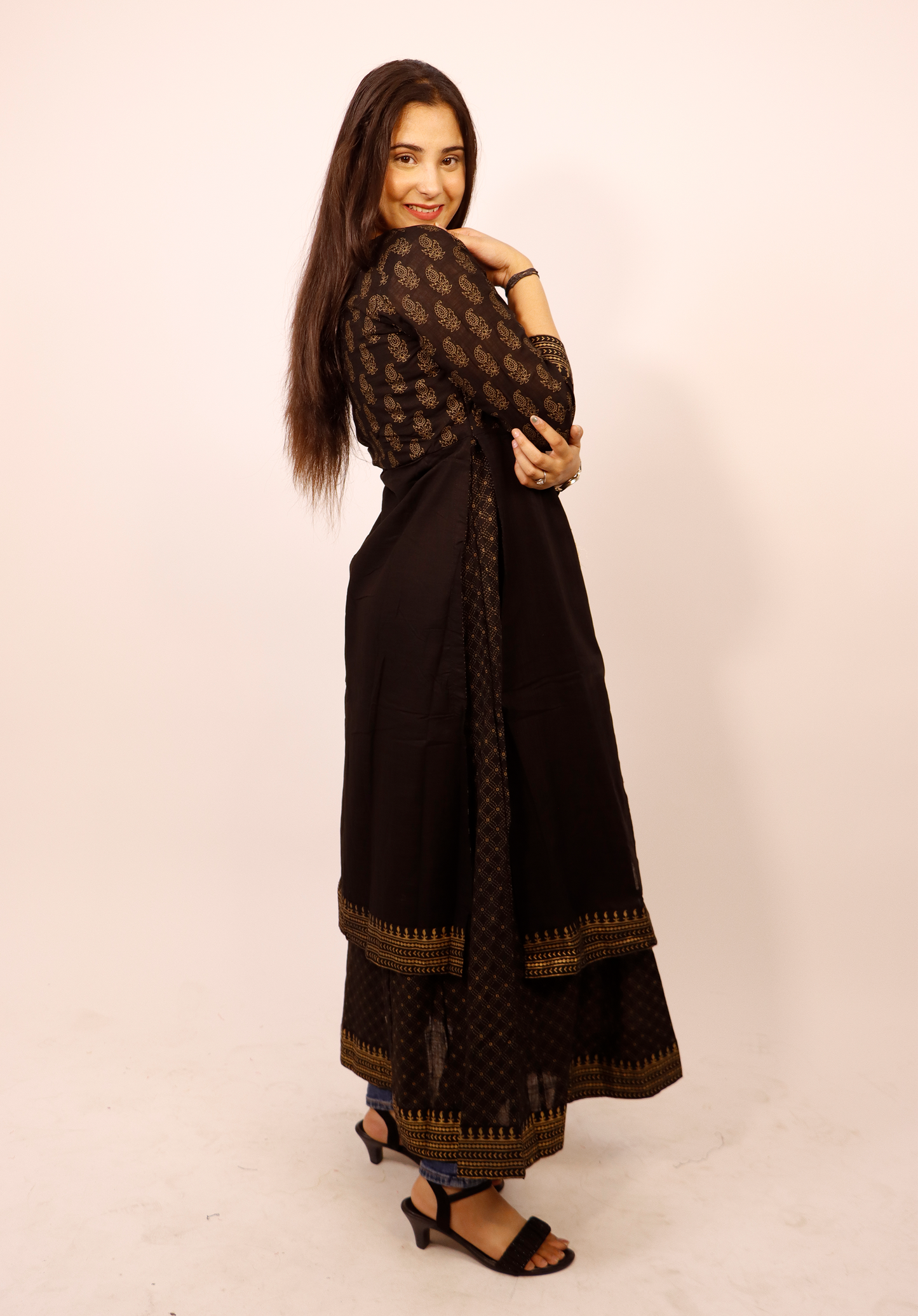 BLACK BEAUTIFUL ATTACHED DOUBLE LAYER PURE GOLD KURTI WITH DORI