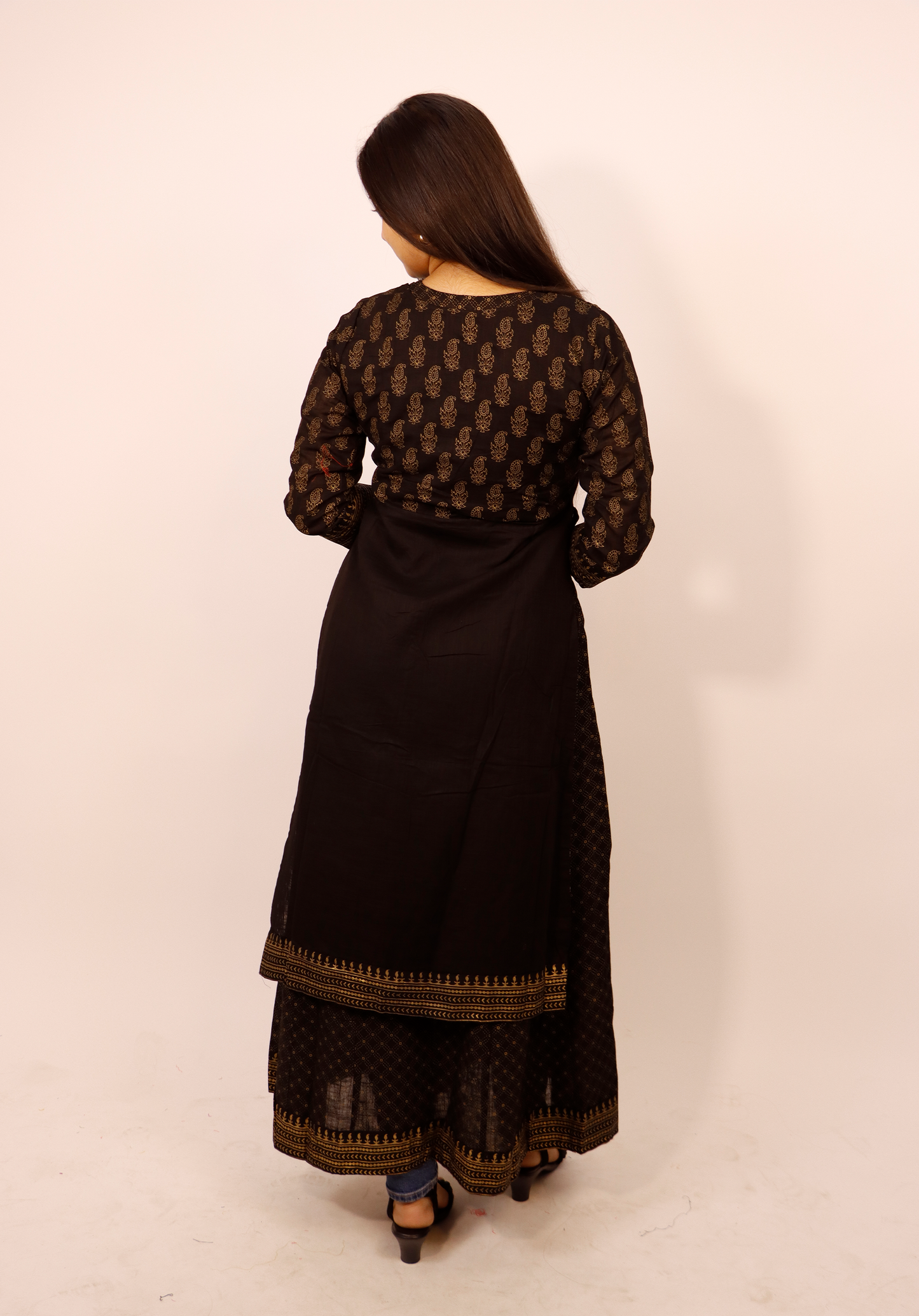 BLACK BEAUTIFUL ATTACHED DOUBLE LAYER PURE GOLD KURTI WITH DORI