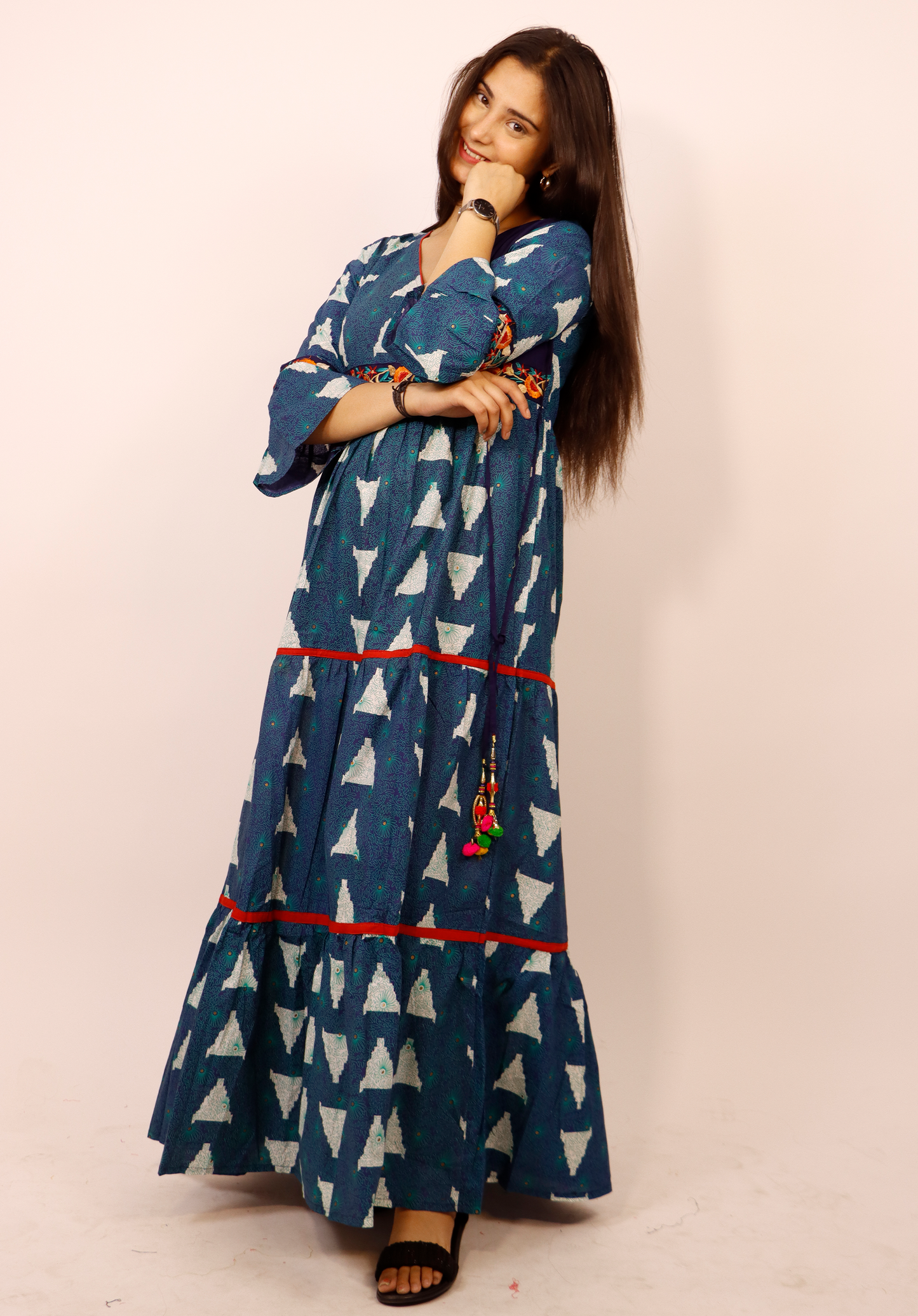 COTTON A LINE GATHERS GOWN WID EMBRIODERY LACE ON BELT SIDE LATKANS WID BELLS SLEEVES AND EMBRIODERY ON SLEEVES ANGHRAKHA