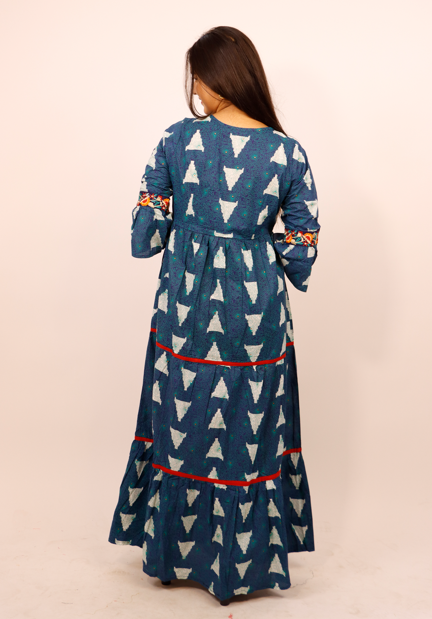 COTTON A LINE GATHERS GOWN WID EMBRIODERY LACE ON BELT SIDE LATKANS WID BELLS SLEEVES AND EMBRIODERY ON SLEEVES ANGHRAKHA