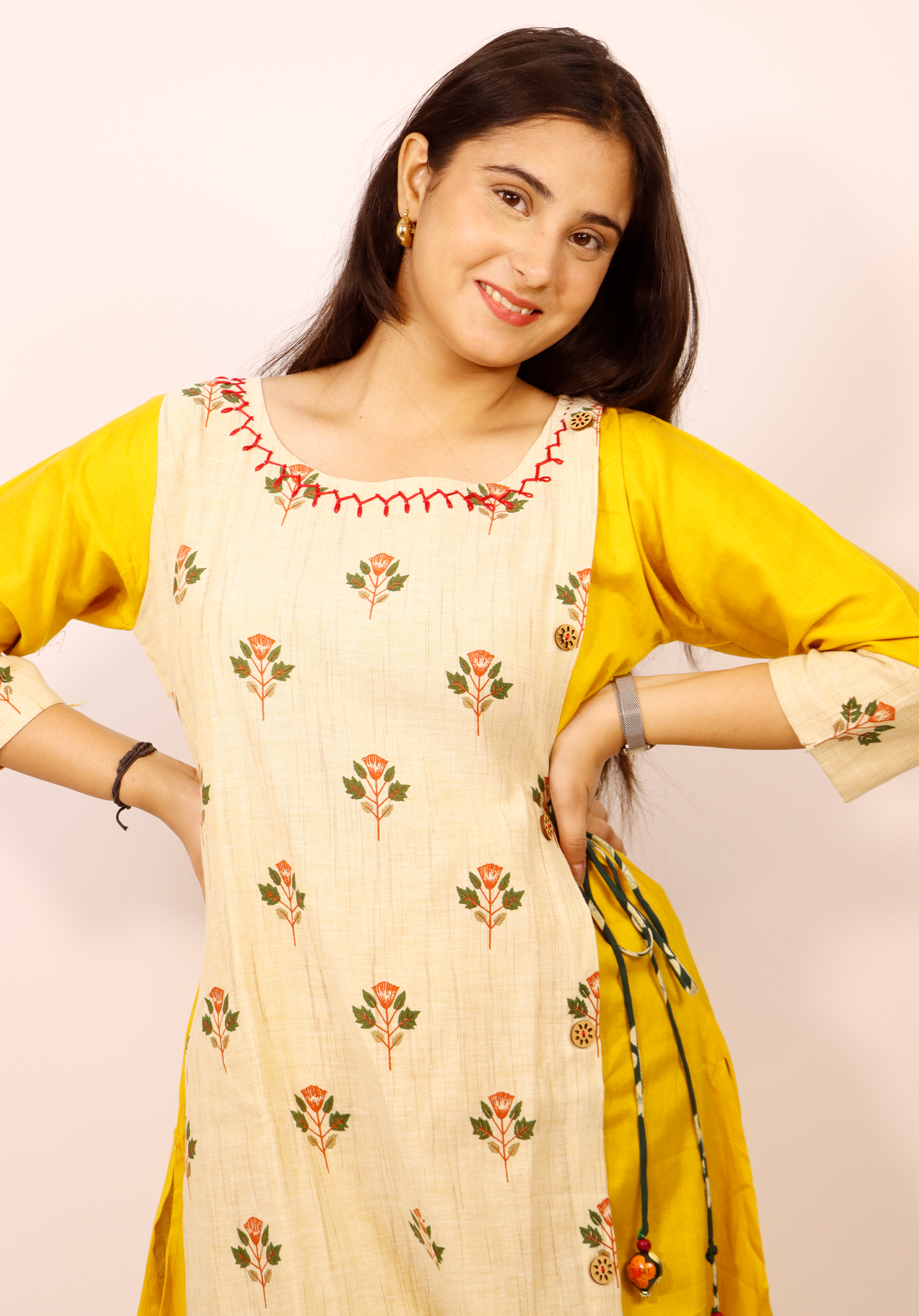 COTTON SLUB FLAP KURTI WITH SIDE DORI WITH A BLEND OF HAND EMBRIODERY