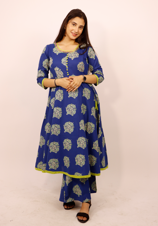 FLOWER PRINT COTTON KURTI WITH ELASTIC PLAZO